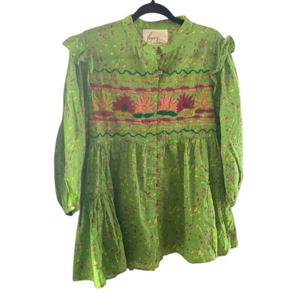 Embroidered Floral Button Down CottageCore‎ Blouse Tiered Ruffle Boho Green SM